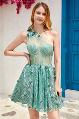 One Shoulder A Line Corset Homecoming Dress with Beaded