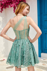 One Shoulder A Line Corset Homecoming Dress with Beaded