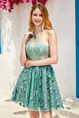 One Shoulder A Line Corset Homecoming Dress with Beaded