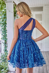 One Shoulder A Line Corset Homecoming Dress with Beaded