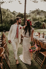Casual Mermaid Long Two Piece Lace Wedding Dress,Crop Top Bridal Separates