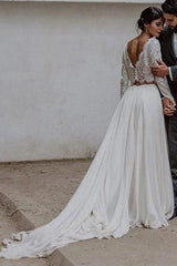 Casual Style Long Sleeve Lace Crop Top Boho Two Piece Wedding Dresses