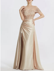 Sheath Column Evening Gown Elegant Dress Formal Floor Length Short Sleeve Off Shoulder Sequined with Glitter Pleats Slit