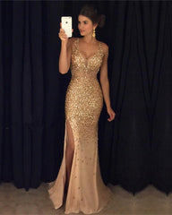 Sexy V Neck Leg Slit Champagne Mermaid Prom Dress Crystal Beaded