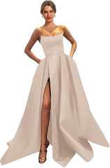 Womens Long Strapless Satin Prom Dress Sleeveless Slit Evening Ball Gown Off Shoulder Party Dress Wholesale