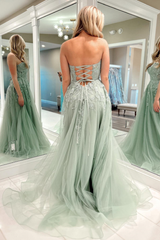 Charming A-Line Appliques Tulle Sexy Long Floor-Length Prom Dresses With Slit Beautiful