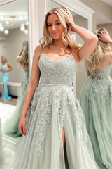 Charming A-Line Appliques Tulle Sexy Long Floor-Length Prom Dresses With Slit Beautiful