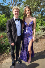 Mermaid V Neck Purple Sequin Slit Prom Dresses