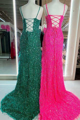 2024 Cheap Long Sequins Prom Dress Hot Pink Evening Dress with Feathers