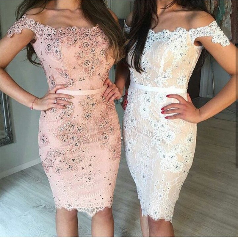 Chic Lace Off The Shoulder Sheath Homecoming Dresses Short Prom Gowns