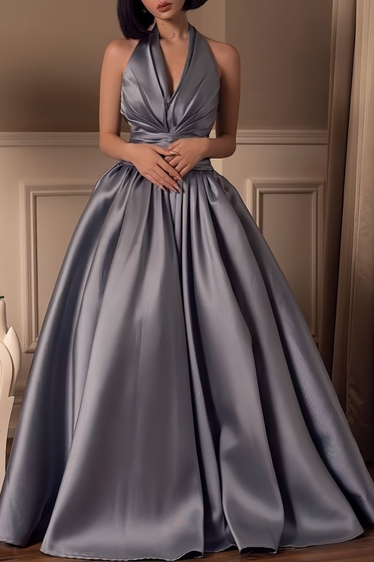 Chic V-Neck Halter Party Dress, Silver Grey Evening Ball Gown,AST1708