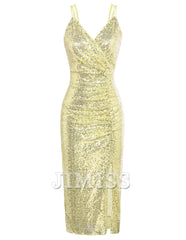 Sparkling sequin V-neck long dress for dinner bride's chic and elegant evening gown