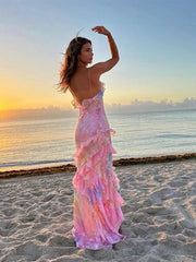 Spaghetti Straps Mermaid Pink Evening Dress Long Prom Dresses,AST921