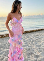 Spaghetti Straps Mermaid Pink Evening Dress Long Prom Dresses,AST921