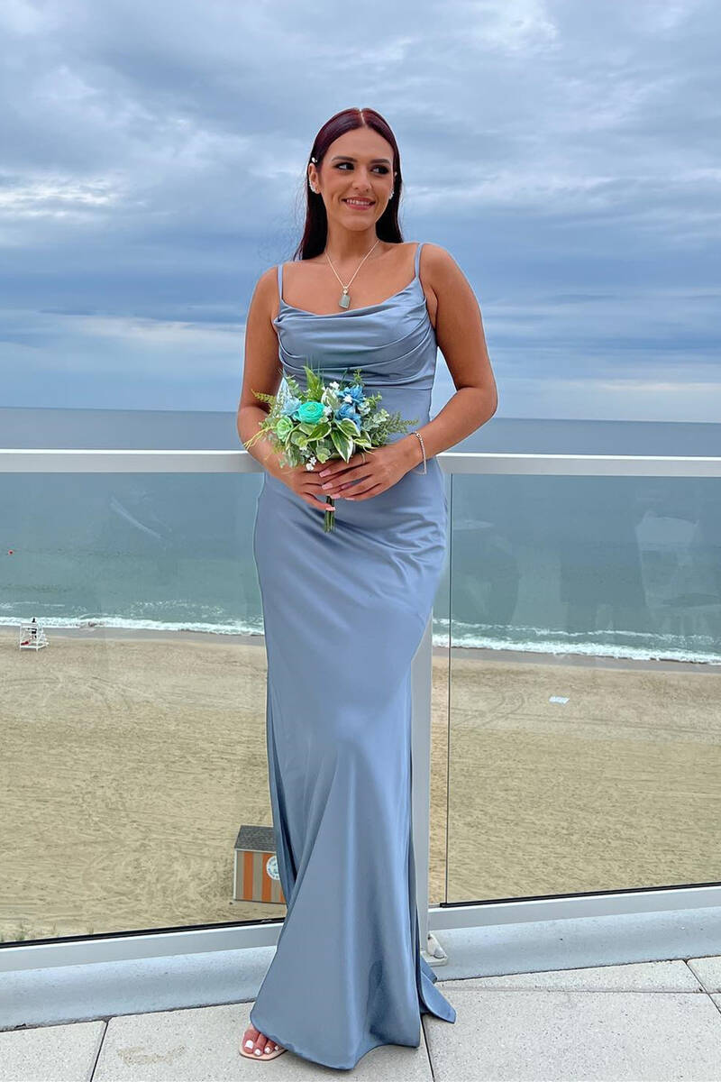 Cowl Neck Dusty Blue Long Bridesmaid Dress/Formal Women's Dresses