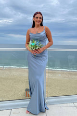 Cowl Neck Dusty Blue Long Bridesmaid Dress/Formal Women's Dresses
