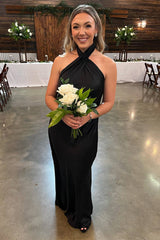 Cross Front Halter Dusty Blue Floor Length Bridesmaid Dress/Formal Women's Dresses