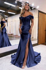 Mermaid Off The Shoulder Court Long Prom Dress With Split Charming Evening Dress