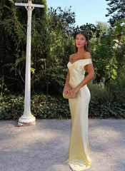 Classy Mermaid Off The Shoulder Yellow Satin Long Evening Dress Prom Dresses SD2063