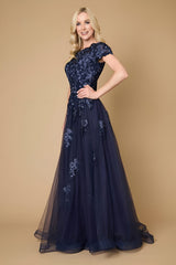 Long Lace Navy Mother of the Bride Dress