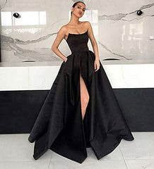 Womens Long Strapless Satin Prom Dress Sleeveless Slit Evening Ball Gown Off Shoulder Party Dress Wholesale