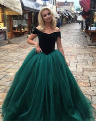 Dark Green Velvet Top V-neck Organza Ball Gowns Dresses Evening