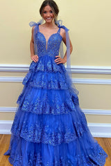 Spaghetti Straps Dark Blue Tiered Sequined Prom Dress with Appliques Sexy