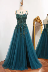 A-Line Tulle Long Appliqued Prom Dress With Slit Beautiful