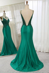 Mermaid Satin Prom Dress With Appliques Spaghetti Straps V-neck