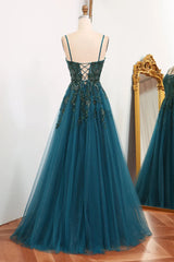 A-Line Tulle Long Appliqued Prom Dress With Slit Beautiful