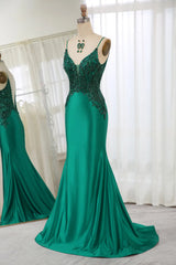 Mermaid Satin Prom Dress With Appliques Spaghetti Straps V-neck