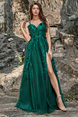 Dark Green A Line Spaghetti Straps Tulle Formal Dress with Slit Sexy Sparkly