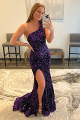 Dark Purple One Shoulder Sequined Mermaid Prom Dress With Slit Sparkly