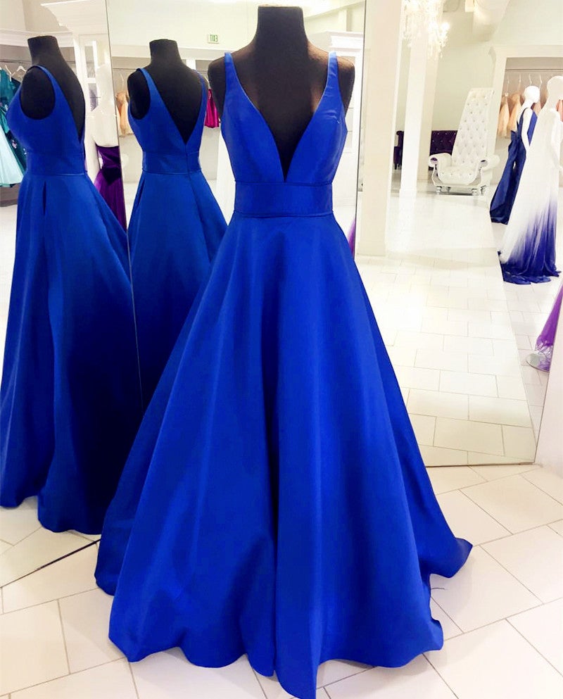 Deep V-neck Long Satin Floor Length Ballgowns Prom Dresses
