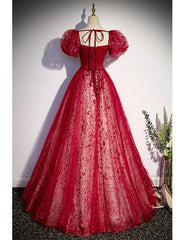 Unique and beautiful wine red sequin square neckline short sleeved ball dress wine red A-shaped/princess fluffy backless tie bow and floor length evening dress