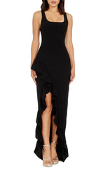 Elegant black off shoulder and floor length ruffled edge evening dress