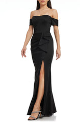 Simple and elegant pleated fine shoulder strap sleeveless and ground length front slit with open back strap evening dress
