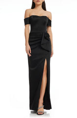 Simple and elegant pleated fine shoulder strap sleeveless and ground length front slit with open back strap evening dress