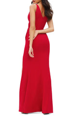 Minimalist V-neck sleeveless off shoulder side slit long backless evening dress