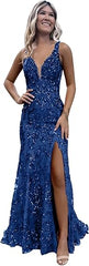 Women's Sparkly Sequin Mermaid Prom Dresses for Teens V Neck Long Formal Evening Party Dresses with Slit Wholesale