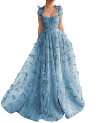 Long Tulle Prom Dress with 3D Butterflies Floor Length Formal Evening Party Gowns for Women Lace Applique