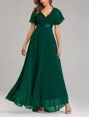 Bridesmaid Dresses V Neck Wedding Guest Dress Chiffon Long Dress Short Sleeve