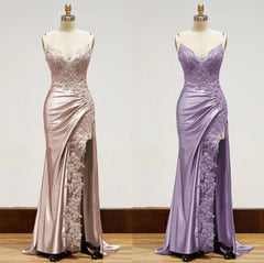 Elegant Spaghetti Straps Prom Dress Black SatinSheath  Appliques Long Formal Evening with Slits ED001