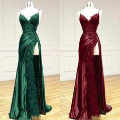 Elegant Spaghetti Straps Prom Dress Black SatinSheath  Appliques Long Formal Evening with Slits ED001