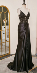Elegant Spaghetti Straps Prom Dress Black SatinSheath  Appliques Long Formal Evening with Slits ED001