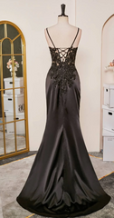 Elegant Spaghetti Straps Prom Dress Black SatinSheath  Appliques Long Formal Evening with Slits ED001