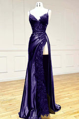 Elegant Spaghetti Straps Prom Dress Black SatinSheath  Appliques Long Formal Evening with Slits ED001