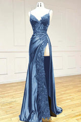 Elegant Spaghetti Straps Prom Dress Black SatinSheath  Appliques Long Formal Evening with Slits ED001