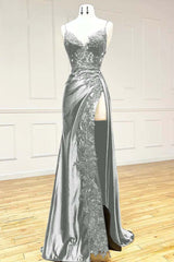 Elegant Spaghetti Straps Prom Dress Black SatinSheath  Appliques Long Formal Evening with Slits ED001