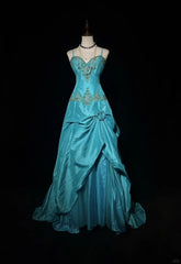 Blue A-Line Spaghetti Straps Satin Beaded Long Prom Dress Sweetheart Neck Applique Graduation Prom Dress ED01627